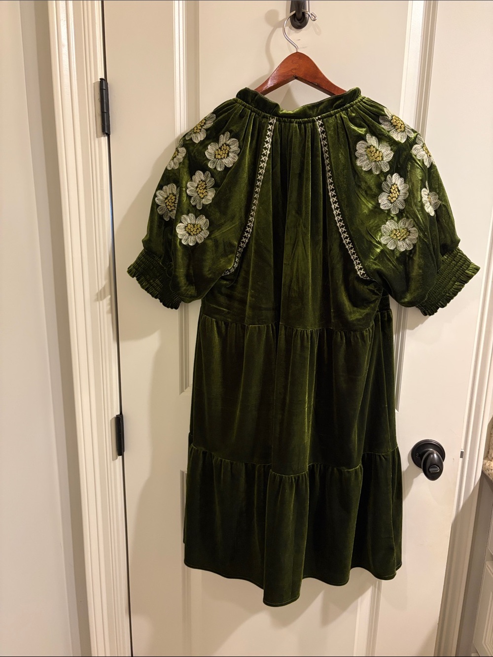 THML Velvet Olive Green Mini Dress with beautiful embroidered details. - Picture 3 of 9